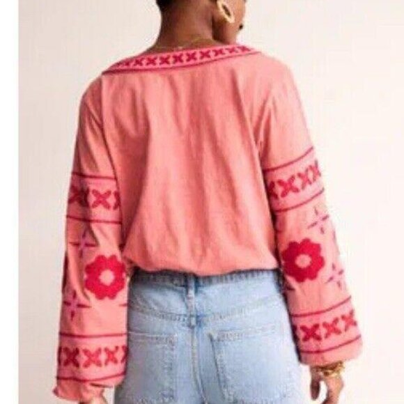 Boden Diana Embroidered Tunic Top Red Pink Long Sleeve Tie Neck Size US Sz 6 - Picture 2 of 11